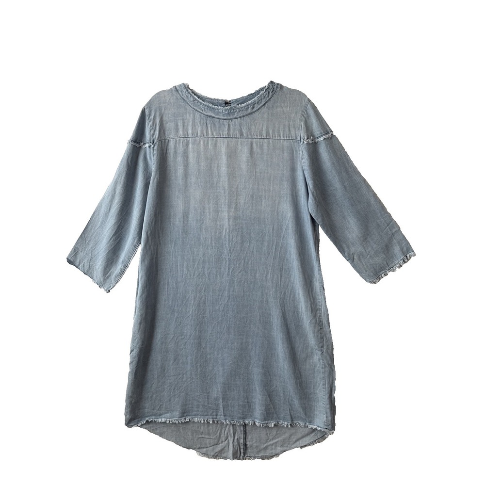 Rush Chambray Lightwash Denim Raw Distressed Relaxed Hi Lo Dress S Boho 90s‎ Y2K